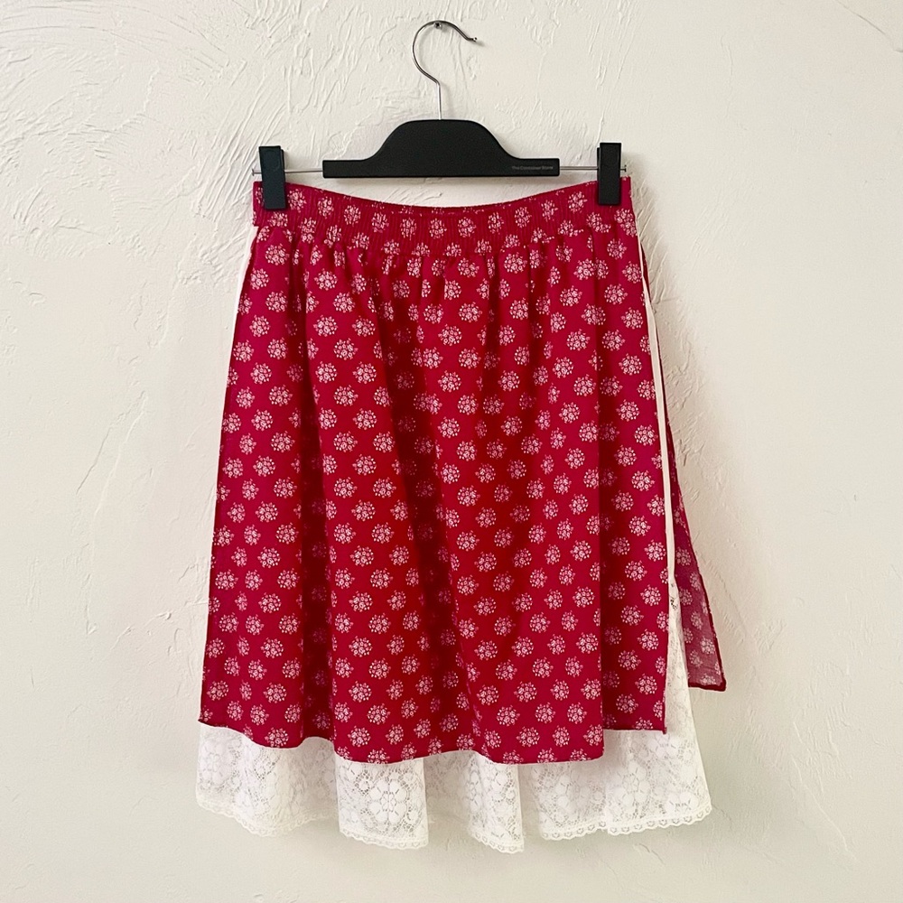 Vintage Red Floral Bandana Print Apron Lace Petticoat Trim Midi Circle Skirt